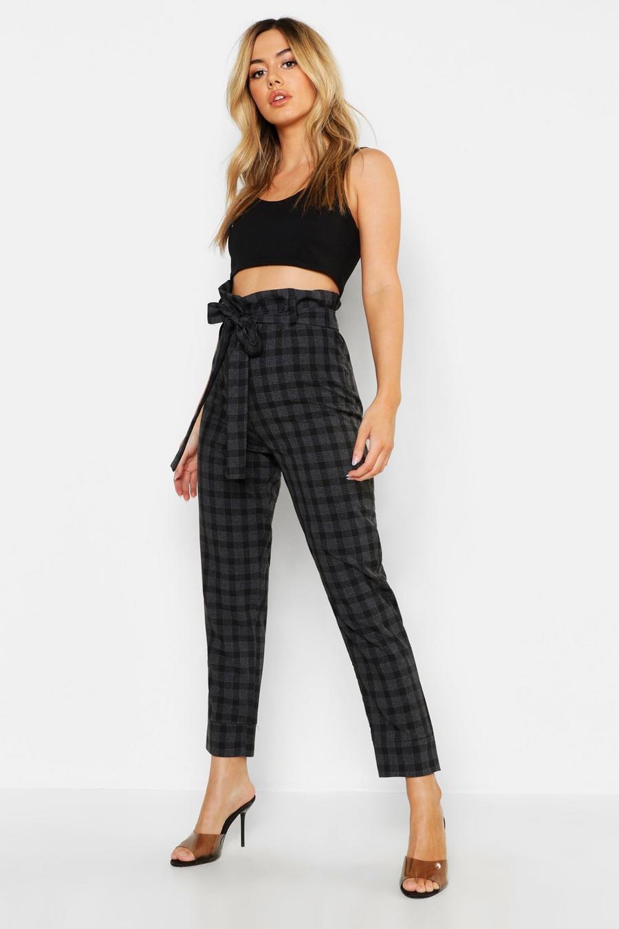 Black Petite Paper Bag Waist Check Tapered Trouser image number 1