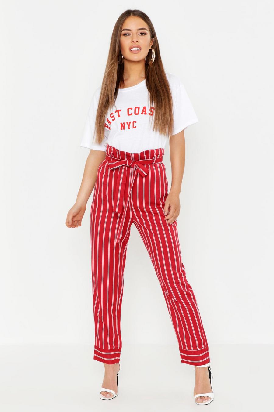 Berry rouge Petite Paper Bag Waist Stripe Tapered Trouser image number 1