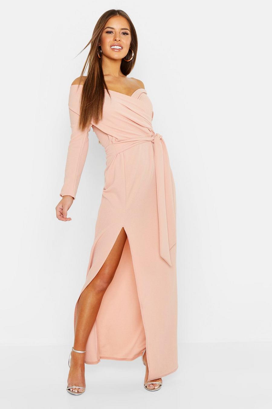 Blush rosa Petite Off The Shoulder Split Maxi Dress