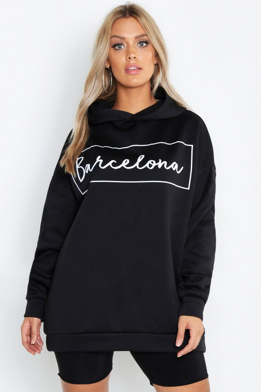 Plus Oversize Sweatshirt mit Kapuze und Barcelona-Print, Schwarz image number 1
