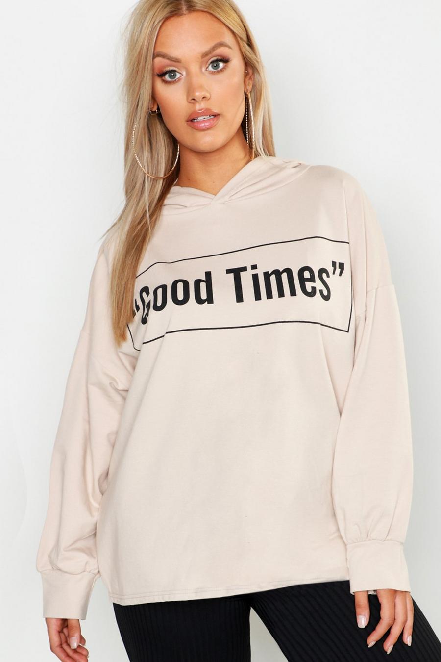 Plus Oversized-Hoodie mit „Good Times“-Slogan image number 1