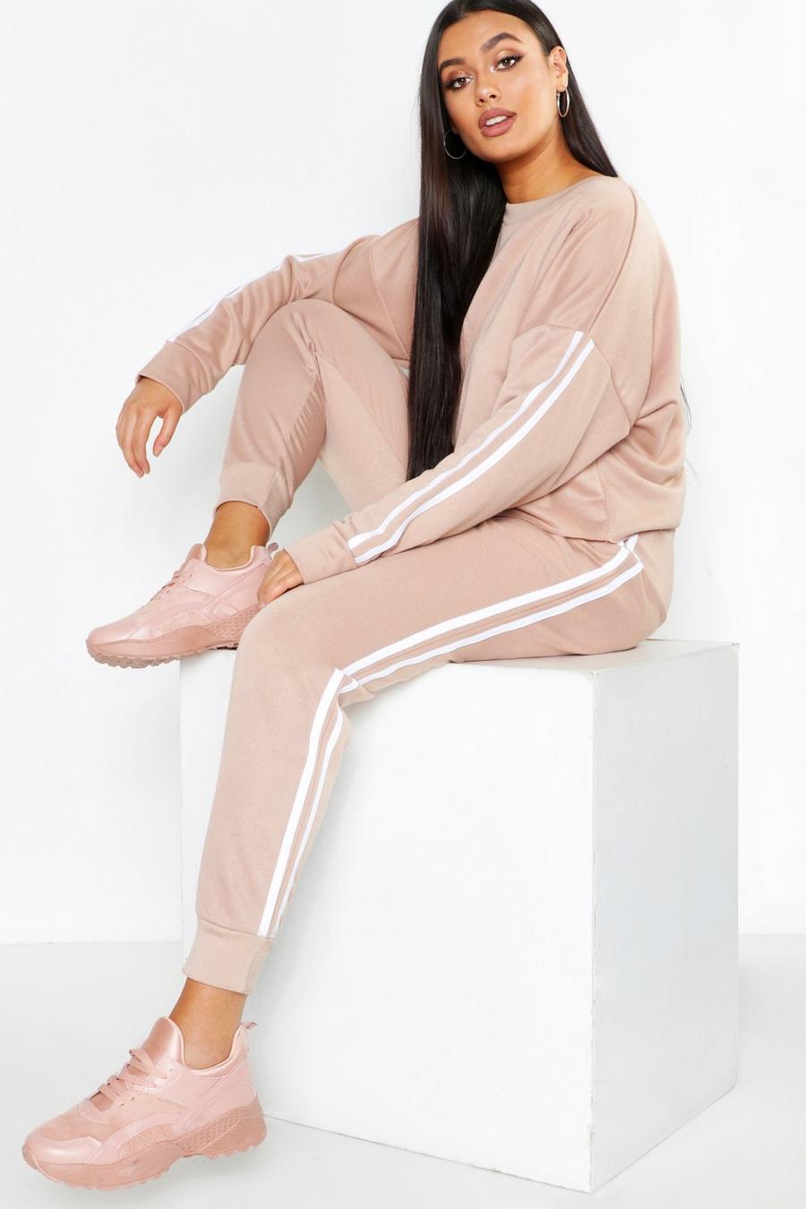 Stone beis Plus Side Stripe Sweat and Jogger Set