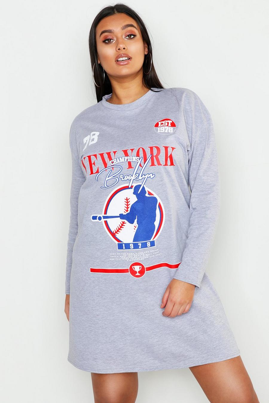 Vestido camiseta Plus de manga larga con estampado Boston, Grey marl image number 1
