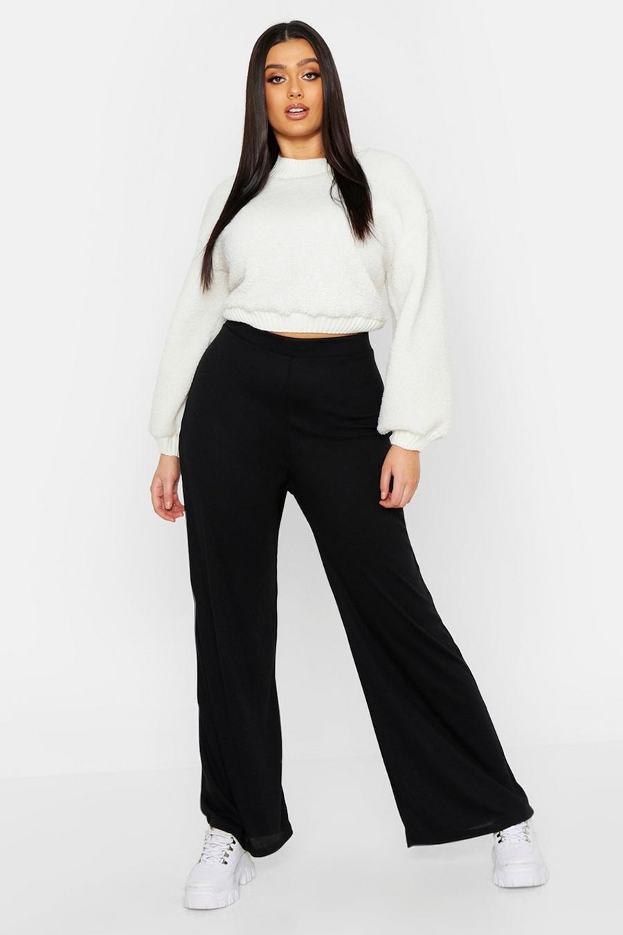 Black Plus Rib Wide Leg Joggers