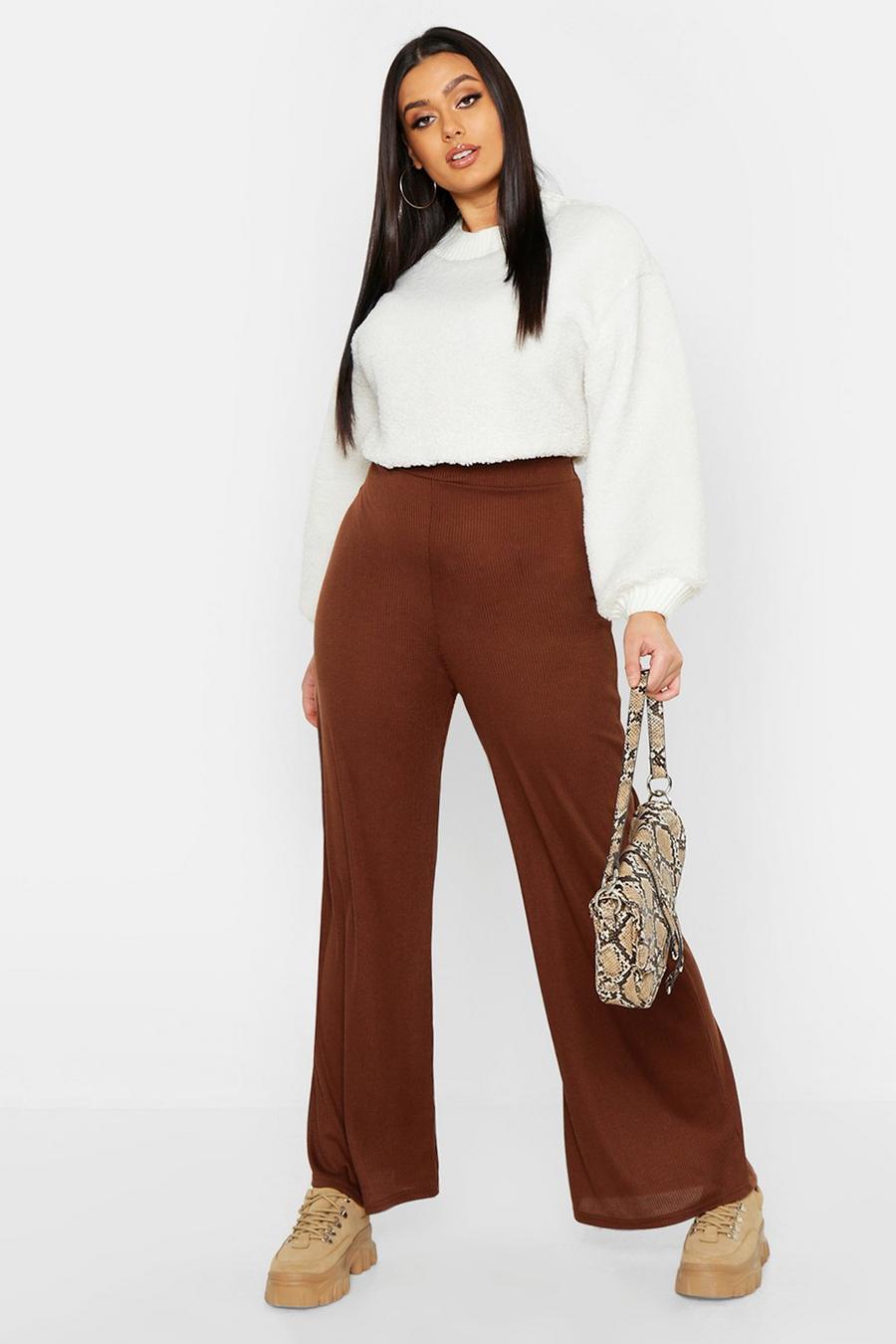 Earth brown Plus Rib Wide Leg Joggers