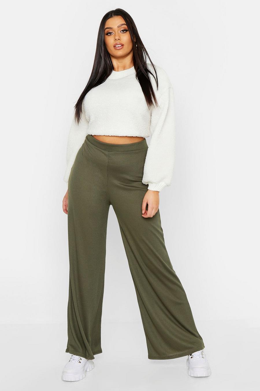 Khaki Plus Rib Wide Leg Joggers image number 1