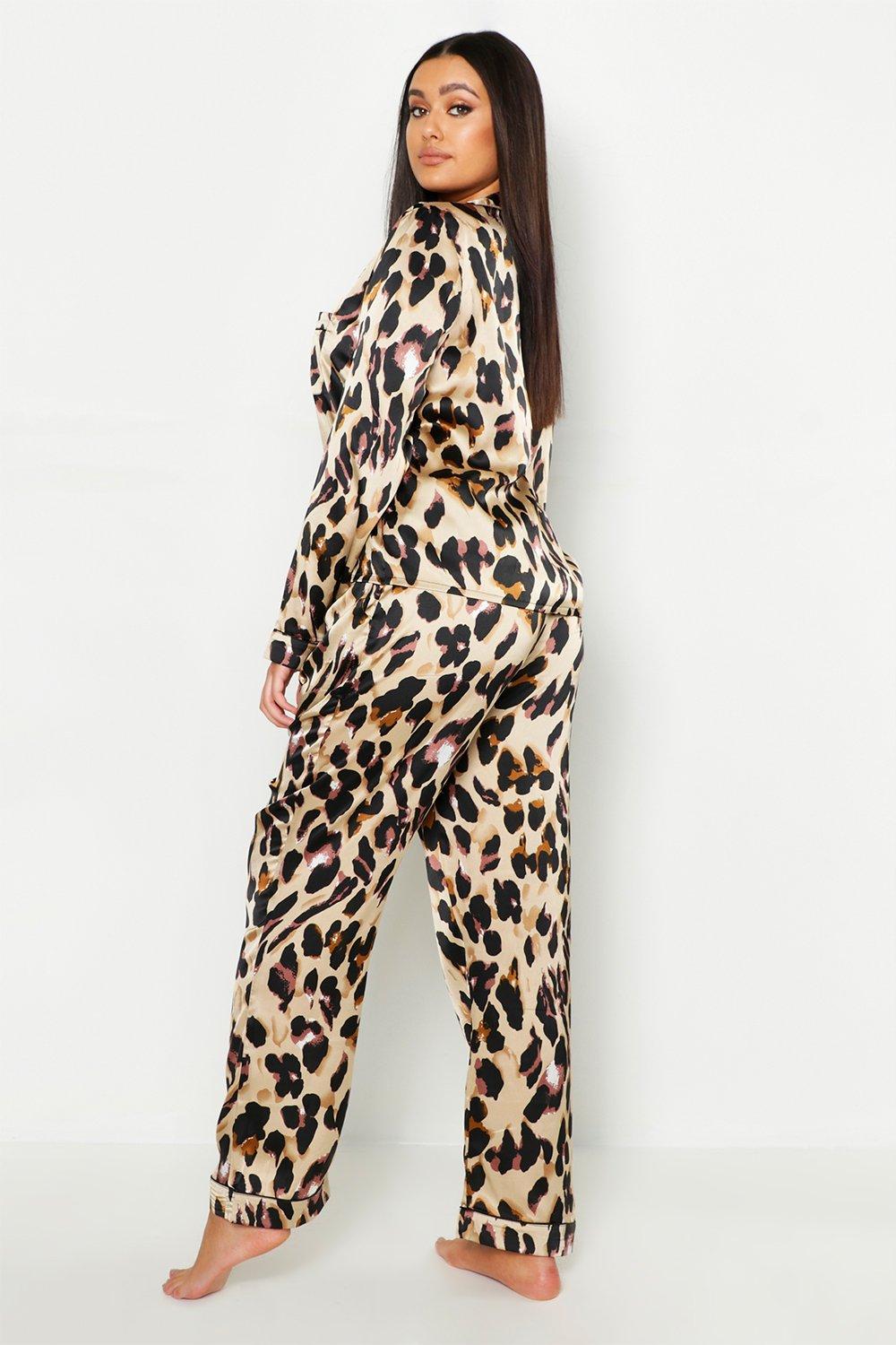 Plus Leopard Print Satin Shirt Pants Pajama Set