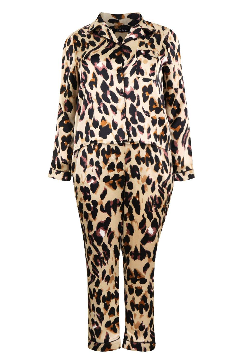 Plus Leopard Print Satin Shirt Pants Pajama Set