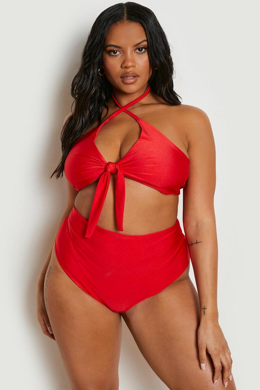 Red rojo Plus Tie Front High Waisted Bikini Set image number 1