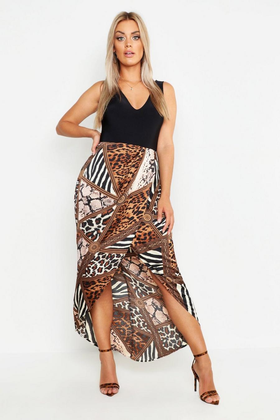 Brown Plus Mixed Animal Satin Wrap Skirt