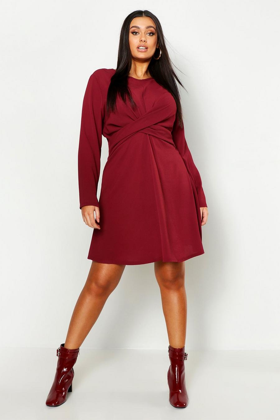 Berry red Plus Wrap Front Woven Skater Dress