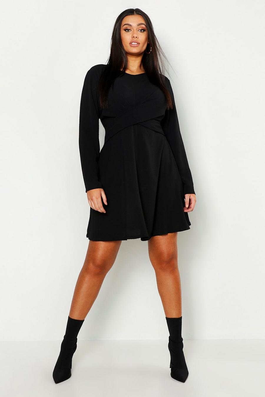 Plus Wrap Front Woven Skater Dress, Black image number 1