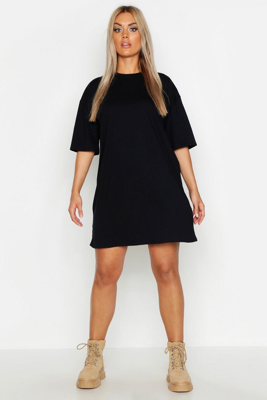 שחור שמלת טישרט אוברסייז עם פתח שרוול רחב למידות גדולות image number 1
