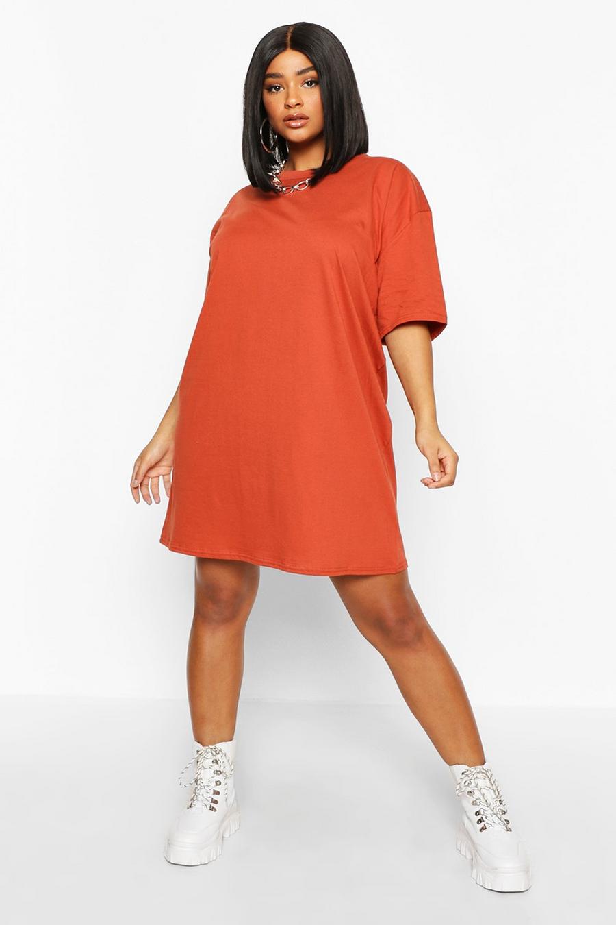Plus – Oversized T-Shirt-Kleid mit tiefem Armausschnitt, Terrakotta image number 1