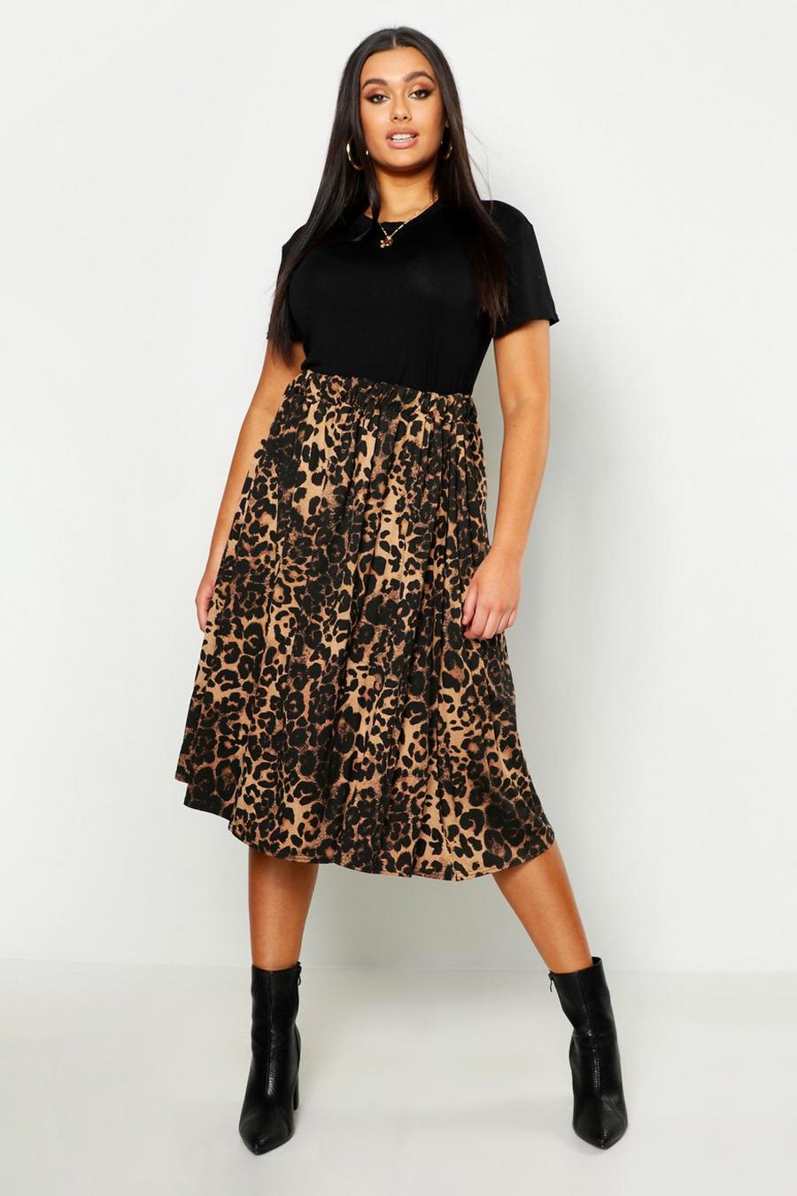 Brown Plus Jersey Knit Animal Print Midi Skater Skirt image number 1