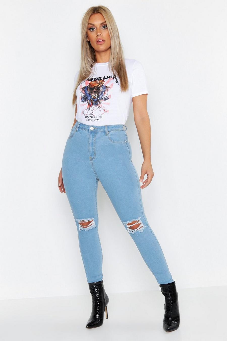 Skinny Jeans mit hohem Bund in Used-Optik, Hellblau image number 1