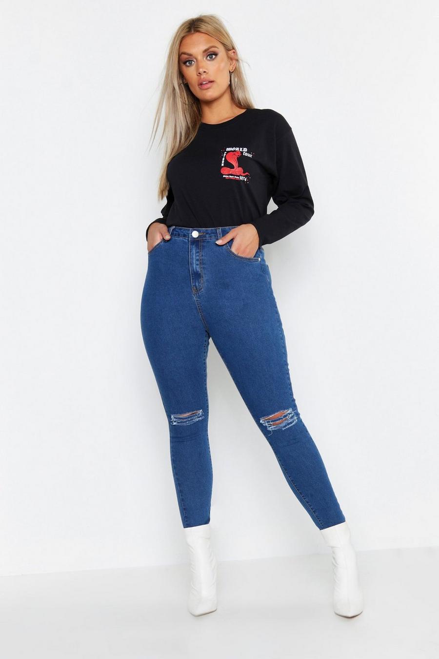 Mid blue Plus - Slitna skinny jeans med hög midja image number 1