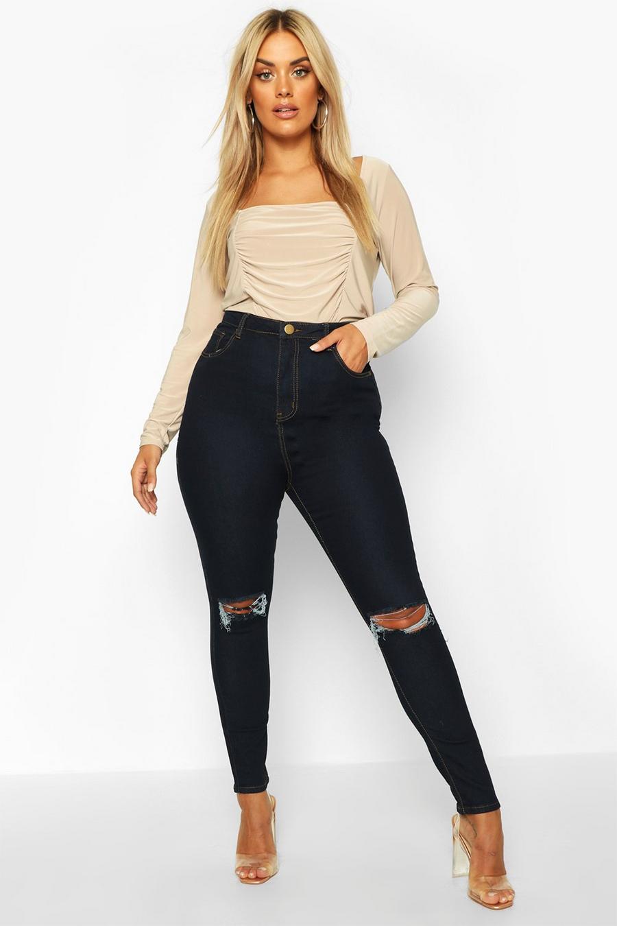 Skinny Jeans mit hohem Bund in Used-Optik, Dunkelblau image number 1