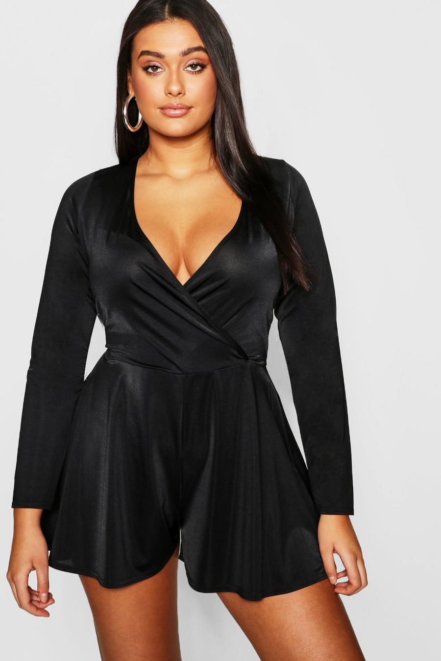 Plus Slinky Wrap Over Long Sleeve Playsuit image number 1