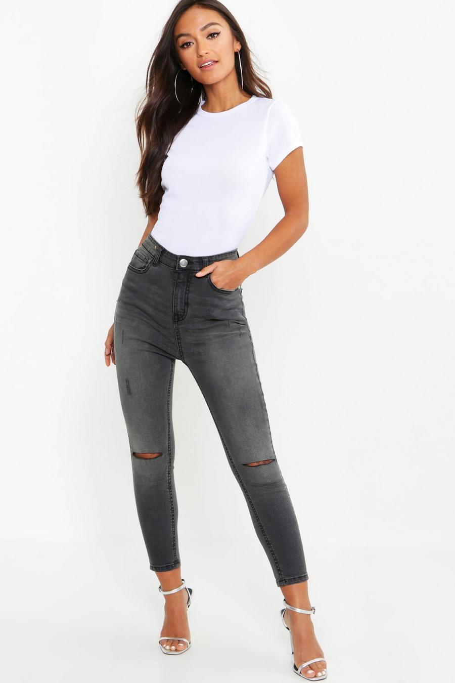 Grey Petite - Skinny jeans med slitna knän i grå tvätt image number 1
