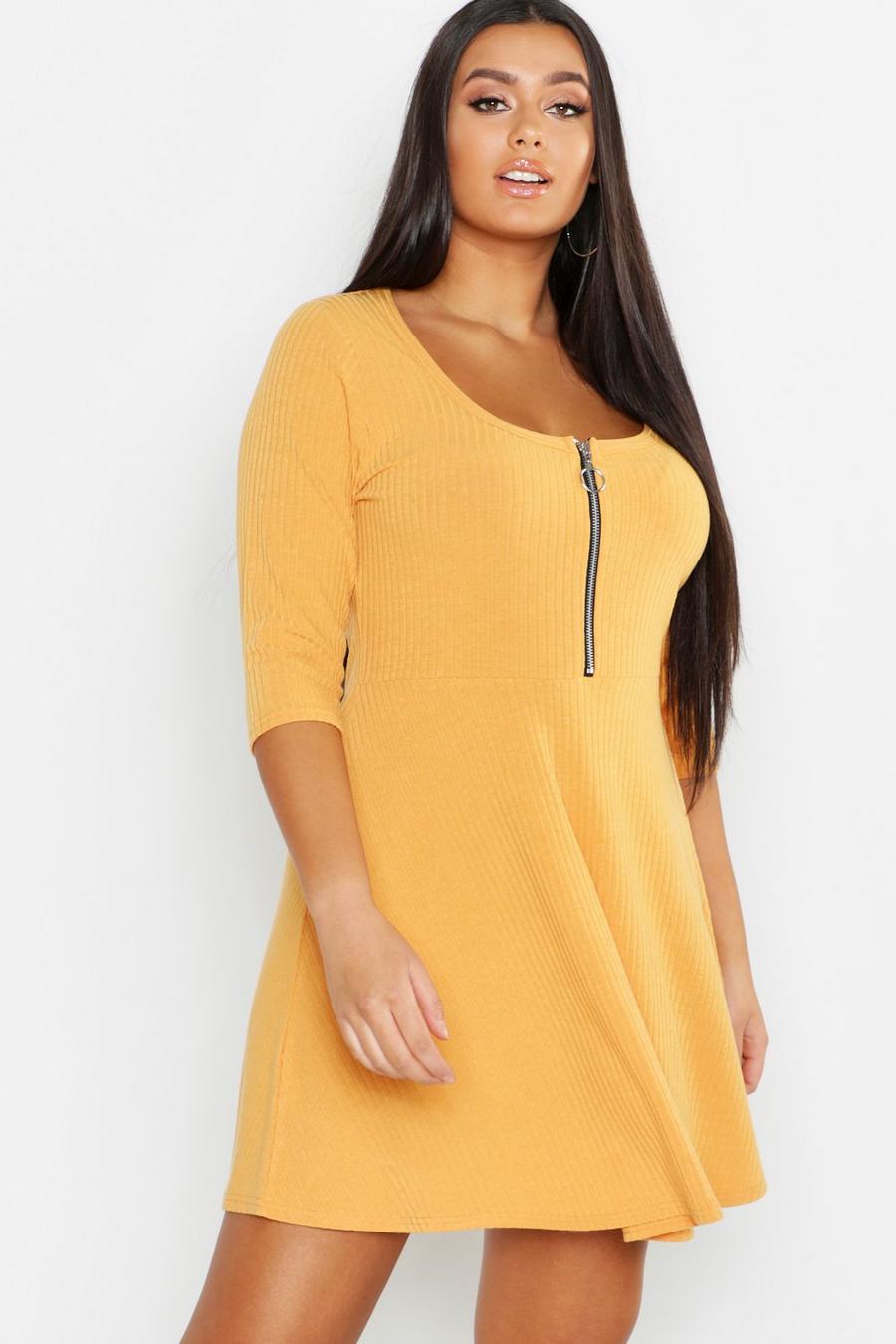 Mustard jaune Plus Soft Rib Zip Front Skater Dress