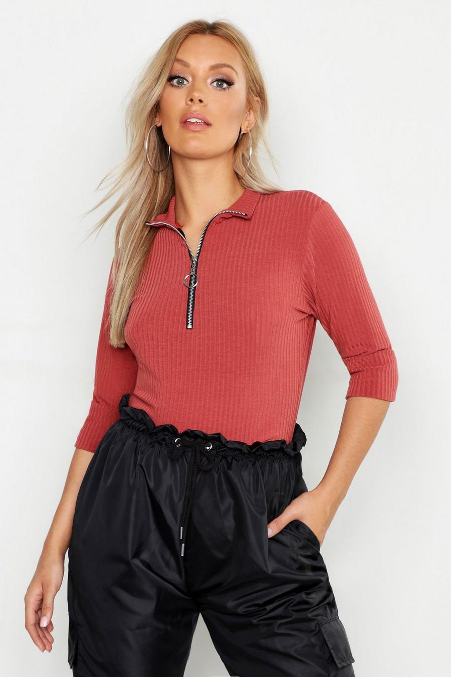 Rust Plus Turtle Neck Zip Front Ribbed Top image number 1