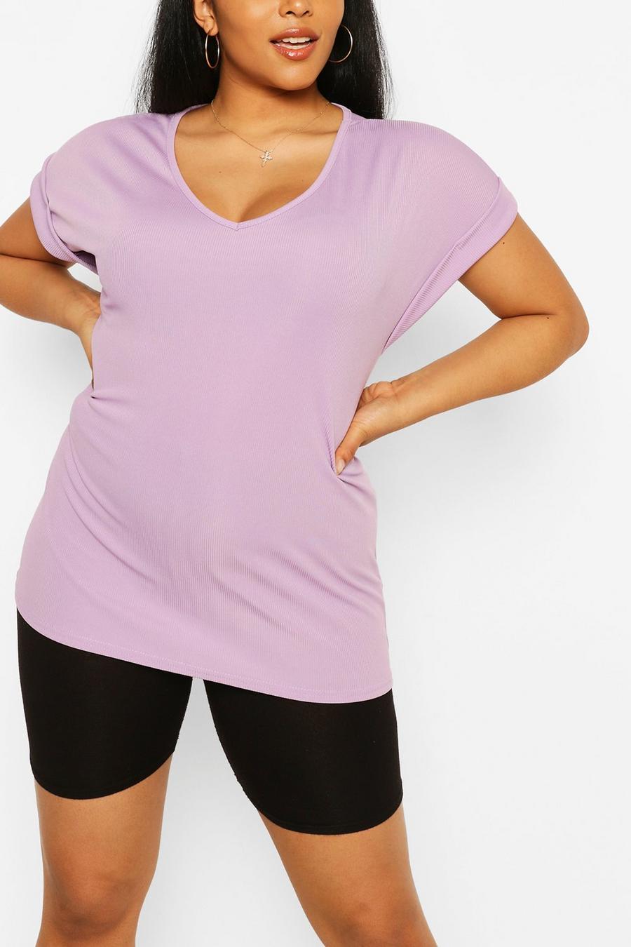 Camiseta Plus básica oversize de canalé, Lilac image number 1