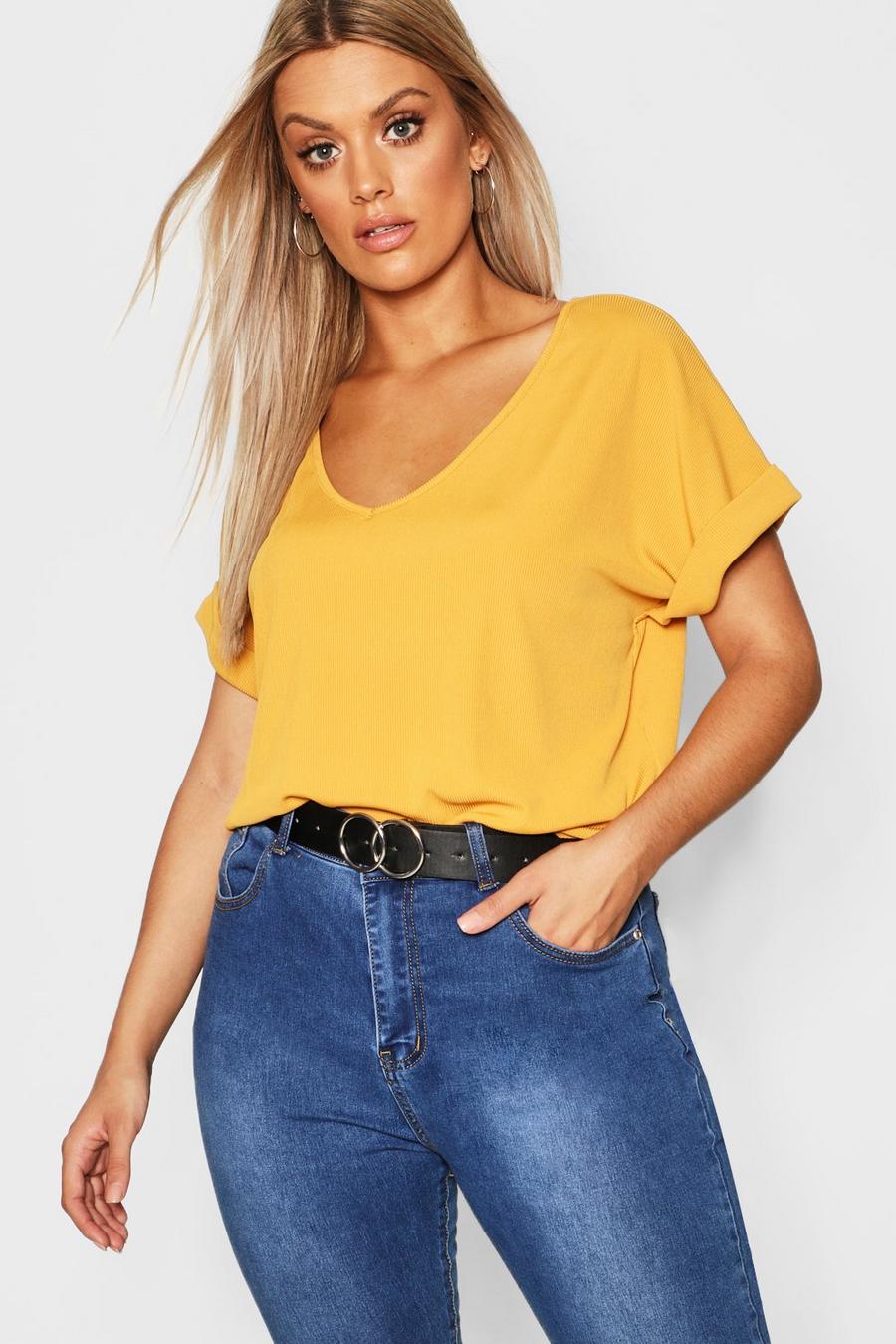 Plus geripptes Oversize Basic T-Shirt, Mustard image number 1