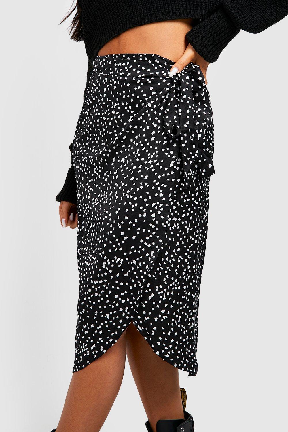 Boohoo exclusive satin wrap shop midi skirt in spot print