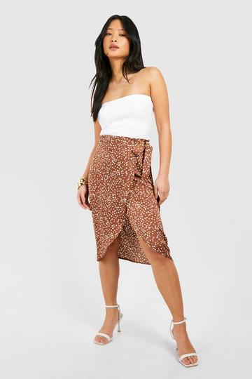 Petite Printed Satin Wrap Skirt chocolate