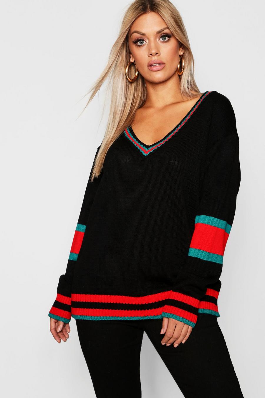 Plus Stripe Contrast V Neck Oversized Sweater image number 1