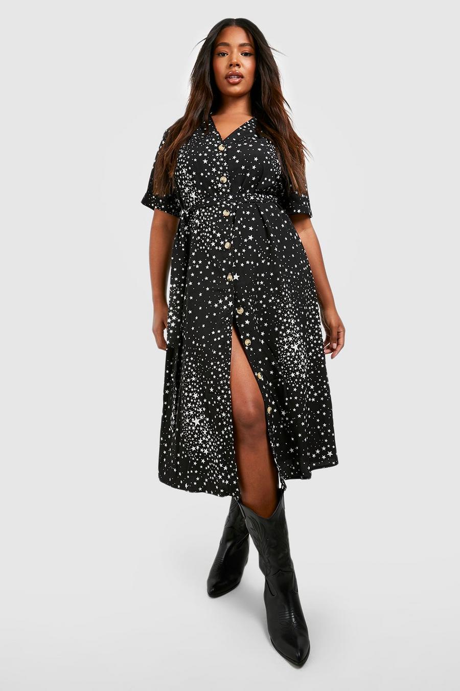 Black noir Plus Star Print Button Detail Midi Dress