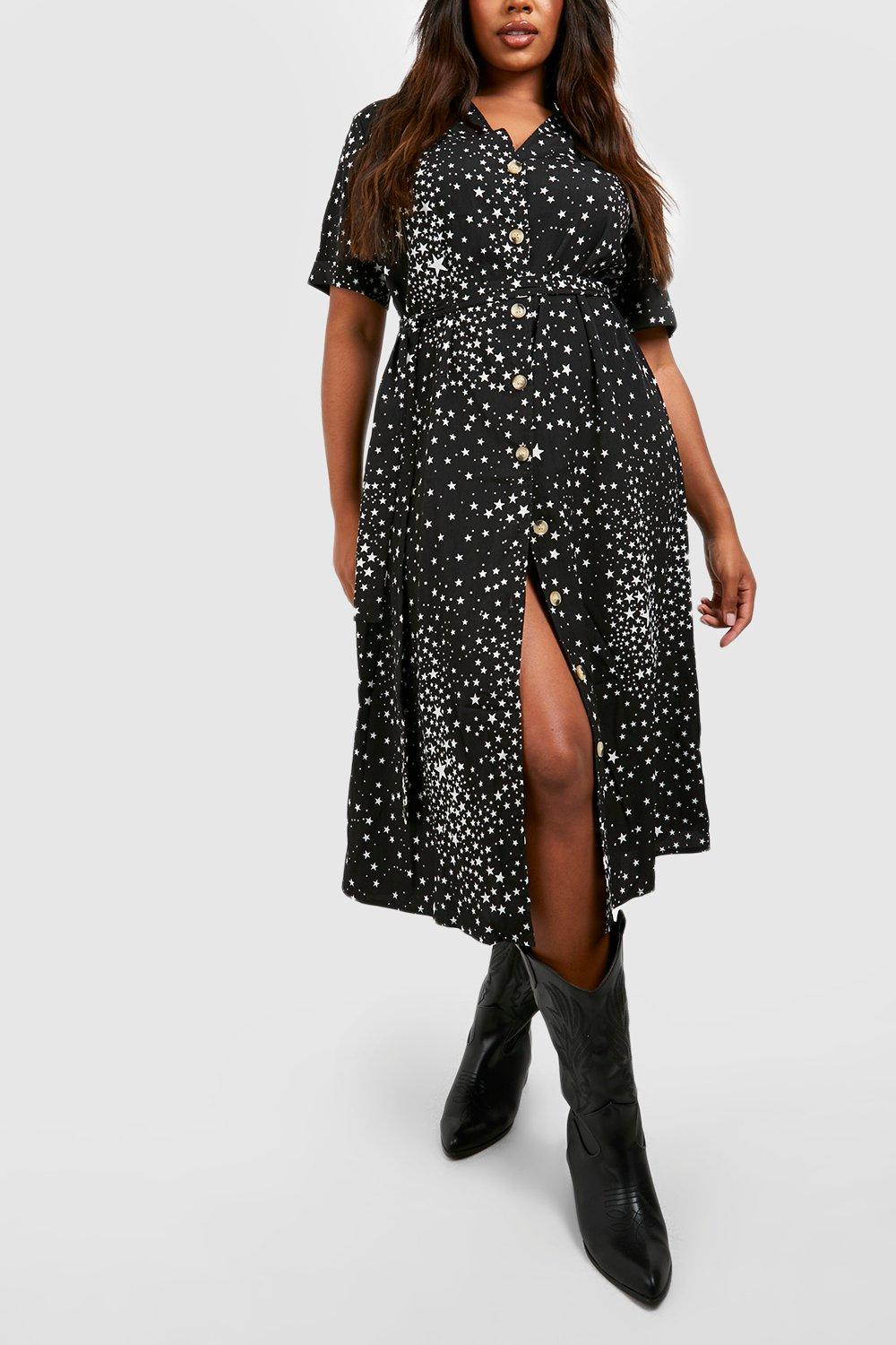 Plus Star Print Button Detail Midi Dress boohoo