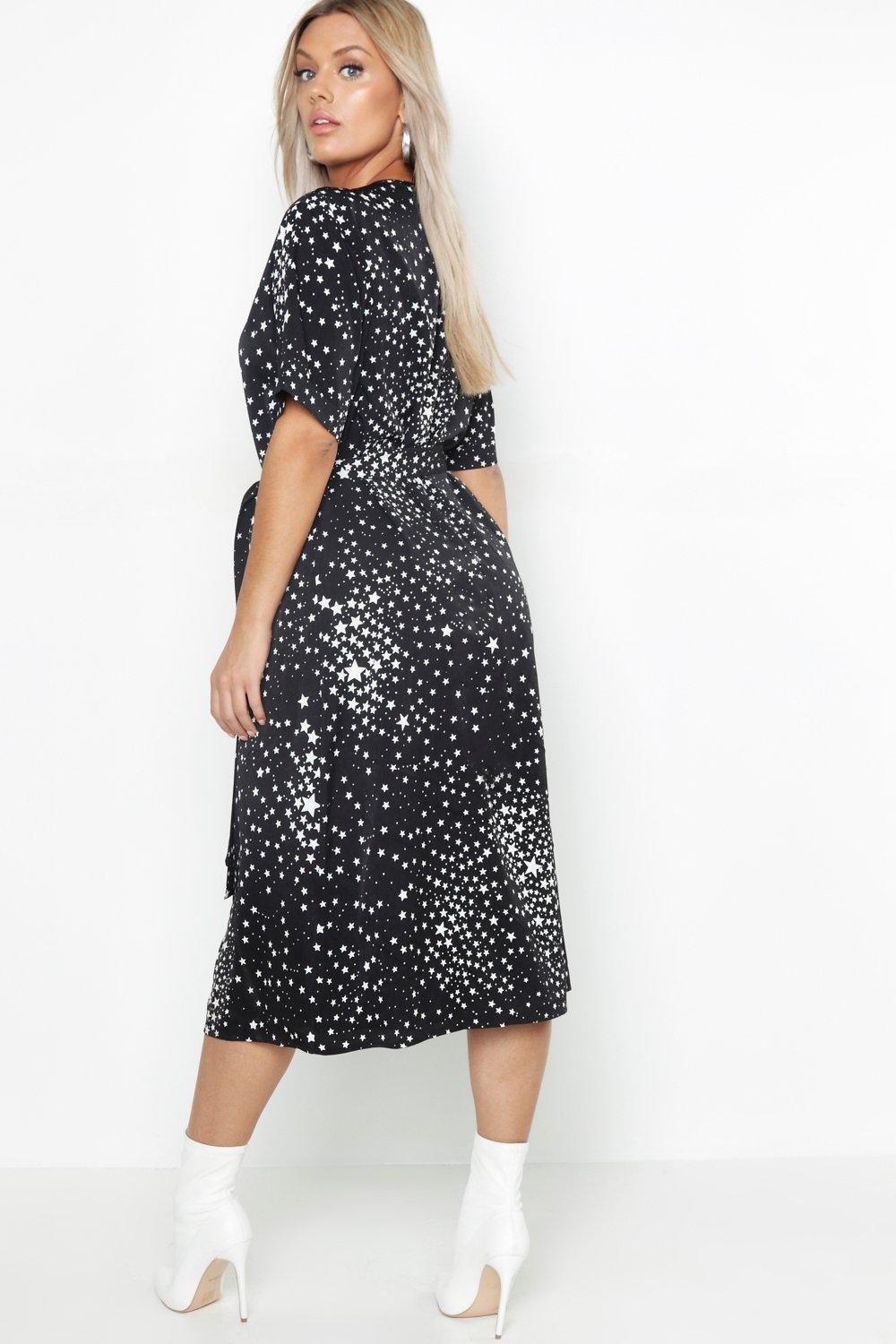 Boohoo star print 2024 wrap midi dress