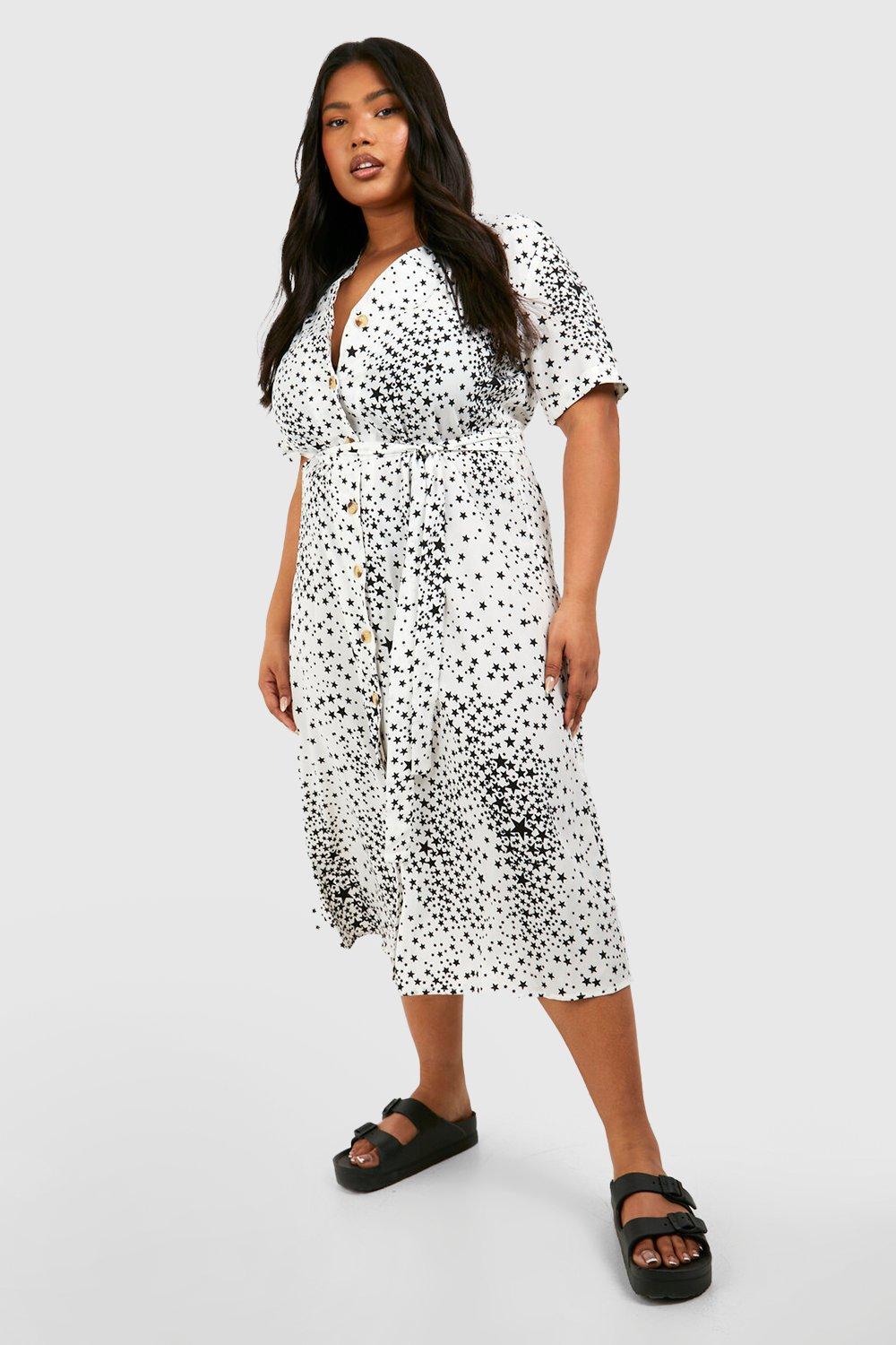 Plus Star Print Button Detail Midi Dress boohoo