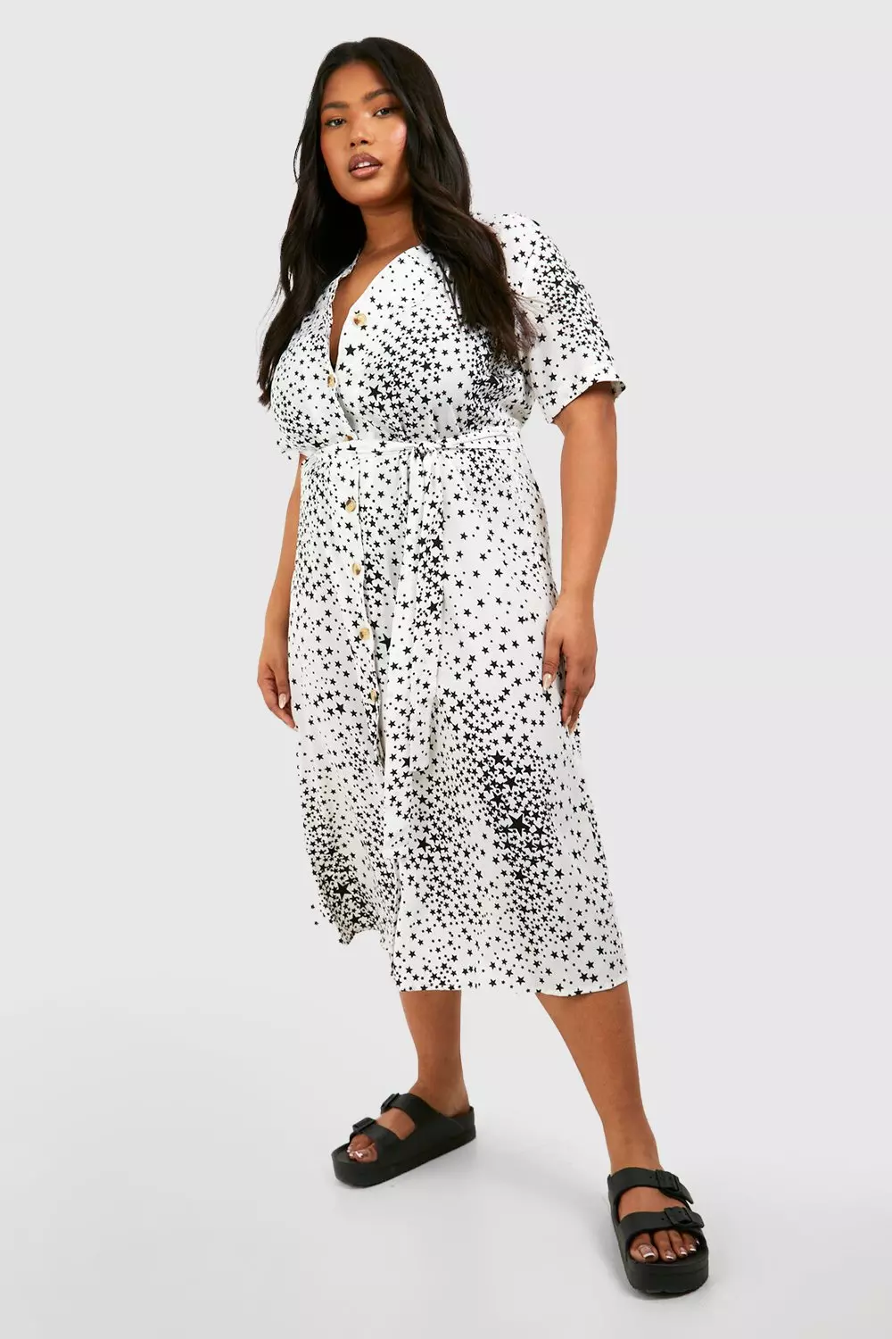 Boohoo star print outlet wrap midi dress