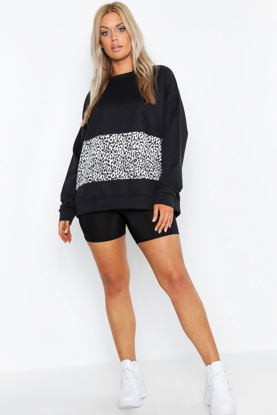 Black Plus - Sweatshirt i oversize-modell med leopardmönstrad panel image number 1