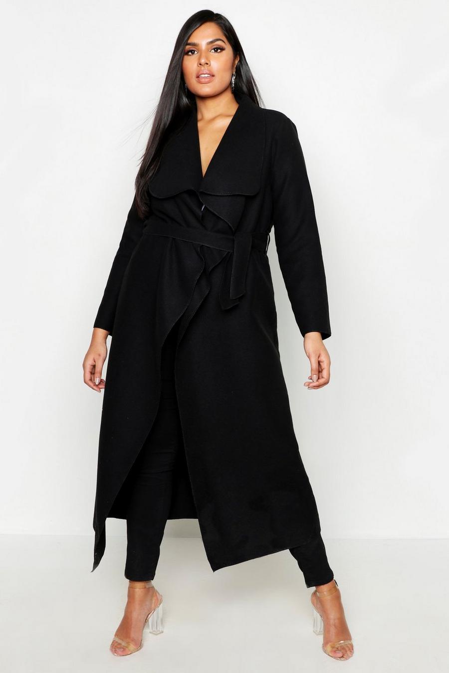 Black Plus Maxi Length Wool Look Wrap Coat image number 1