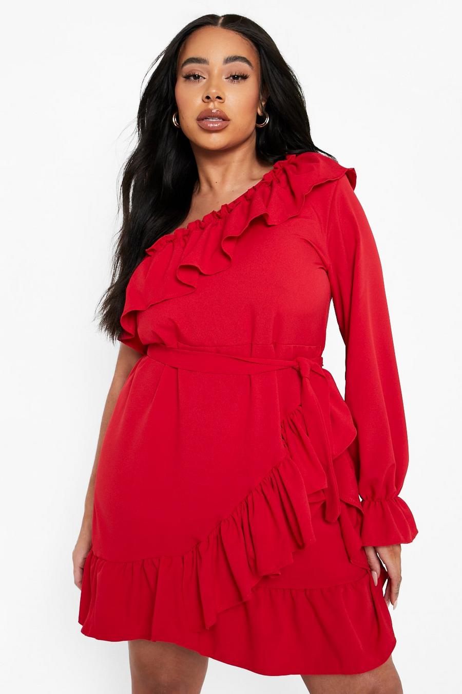 Red Plus One Shoulder Ruffle Tie Waist Dress image number 1
