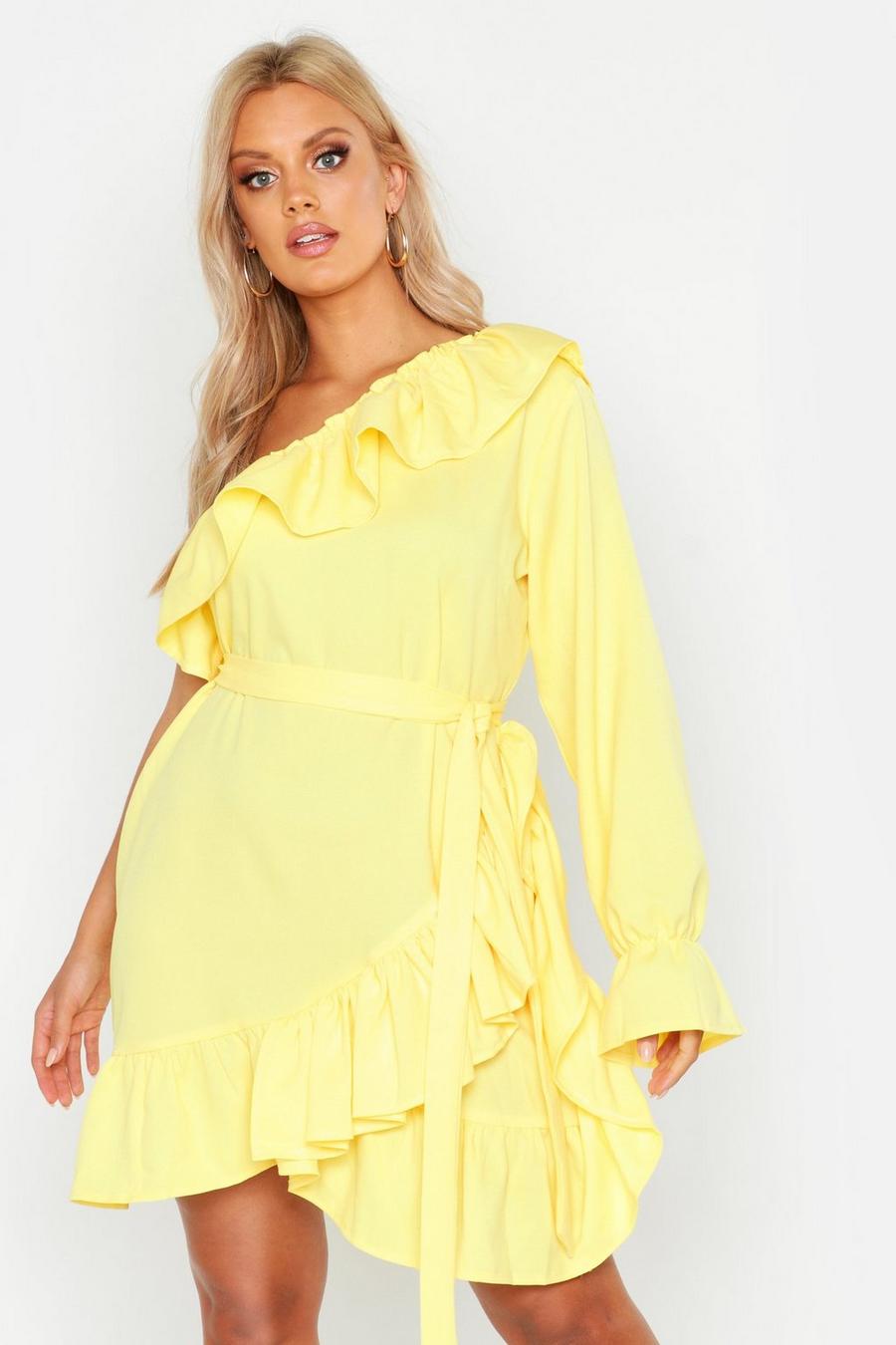 Plus einärmliges Rüschen-Kleid mit Bindegürtel, Gelb image number 1