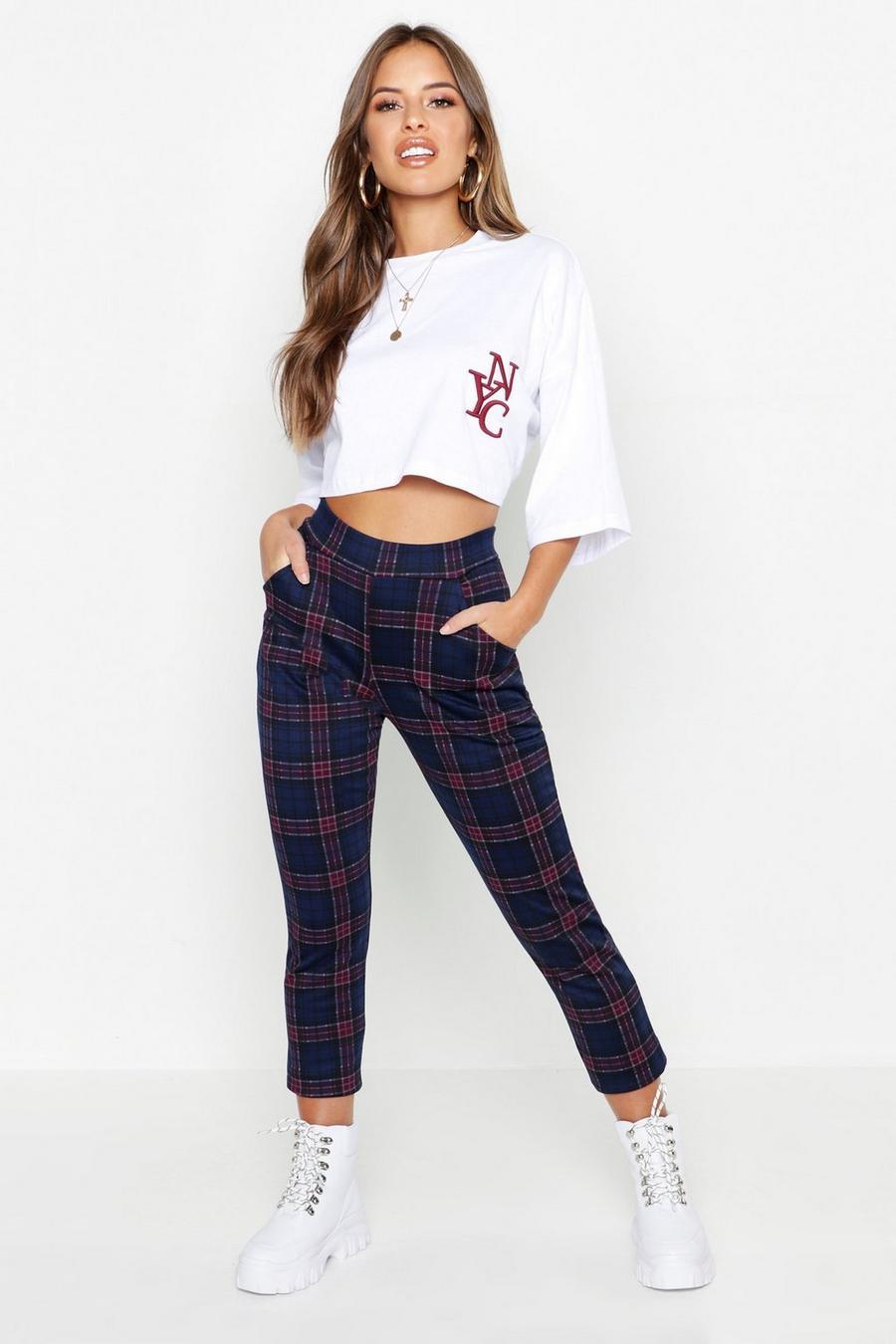 Navy Petite Plaid Check Tapered Pants image number 1