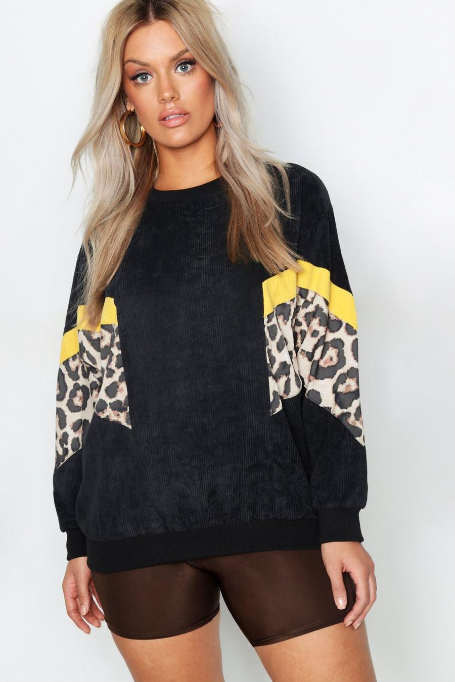 Plus Sweatshirt aus Cord mit Leoparden-Print image number 1