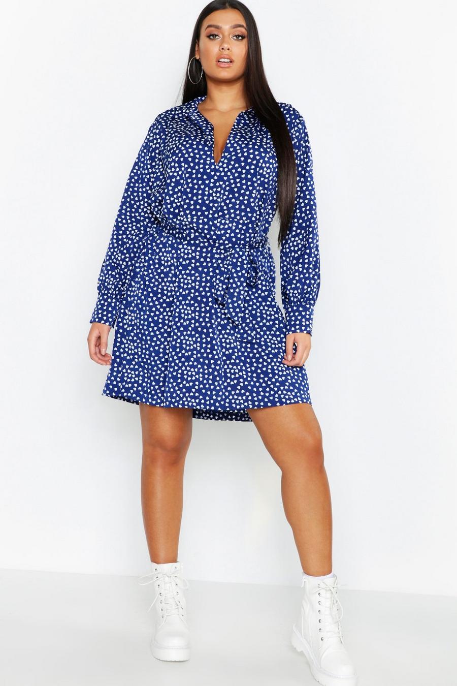 Plus Heart Print Tie Waist Shirt Dress image number 1