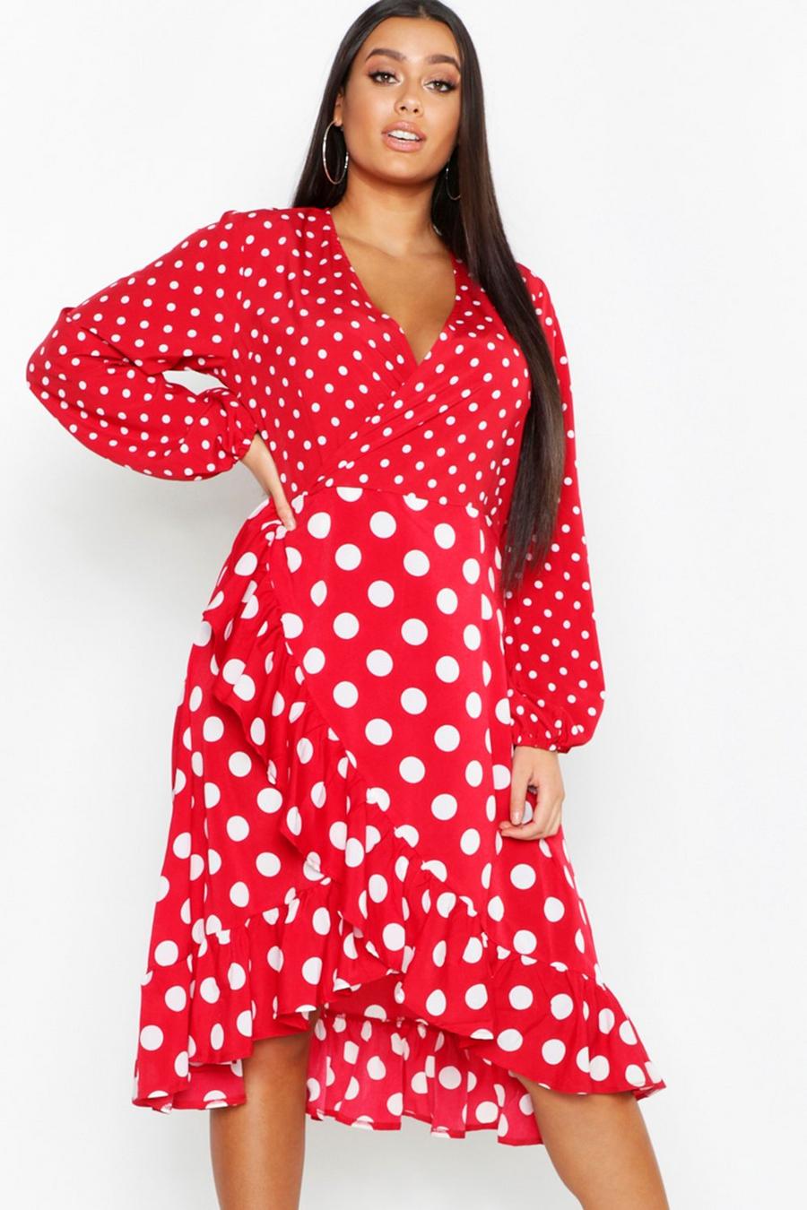 Plus Polka Dot Ruffle Wrap Midi Dress image number 1