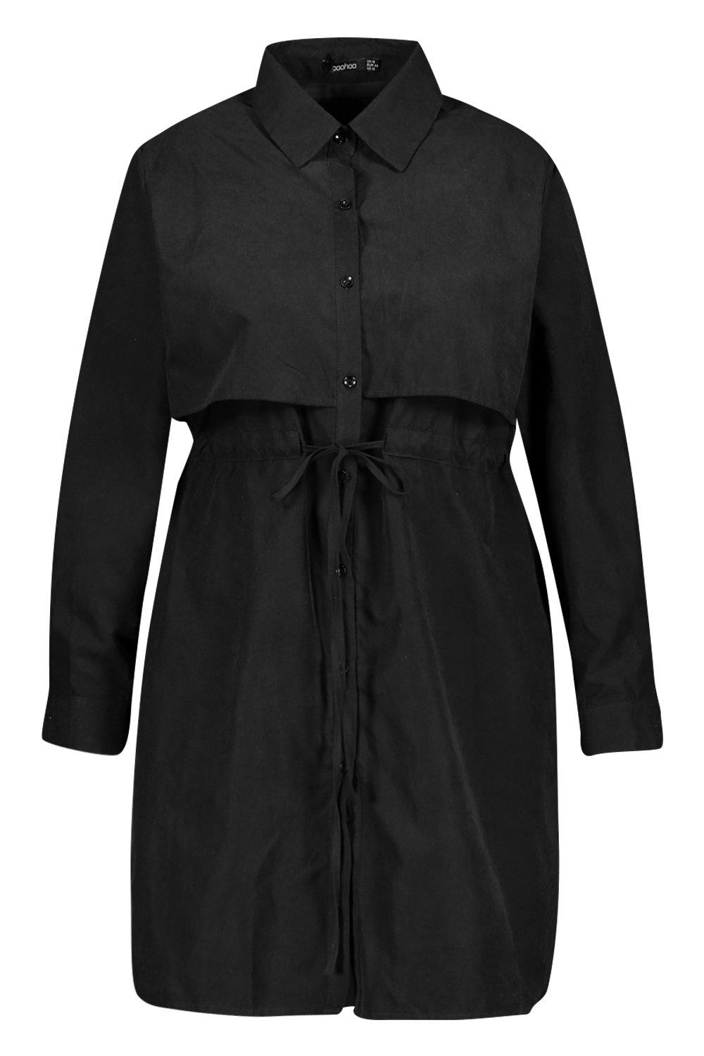 Boohoo Shirt Dress Utility Pocket Reverse Collar Size 10 Black Long Sleeve EW25 