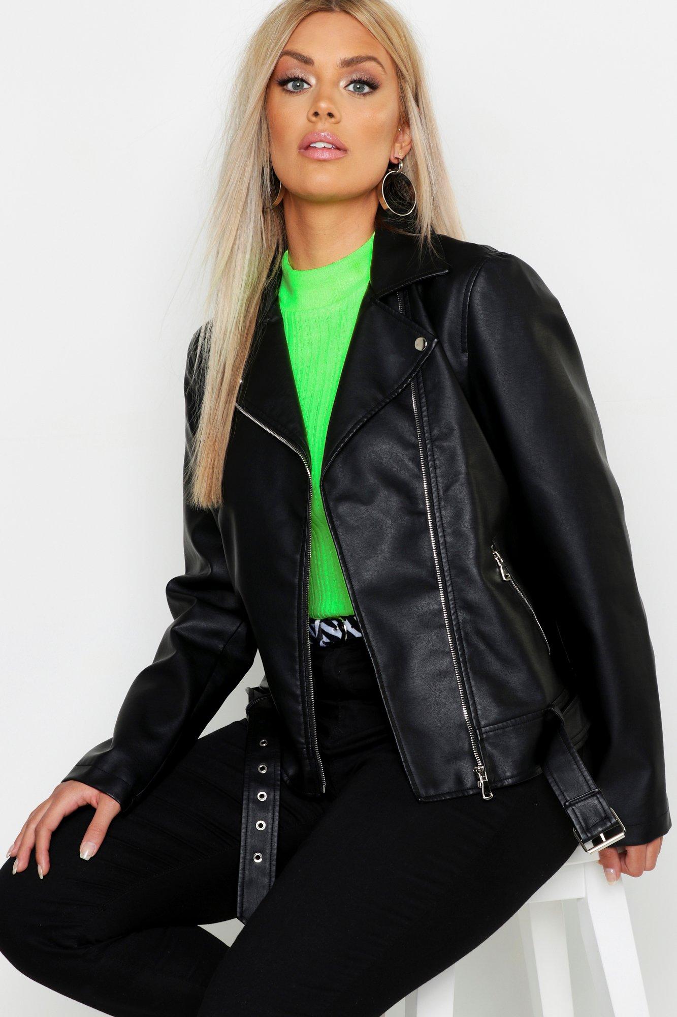 belted faux leather moto jacket