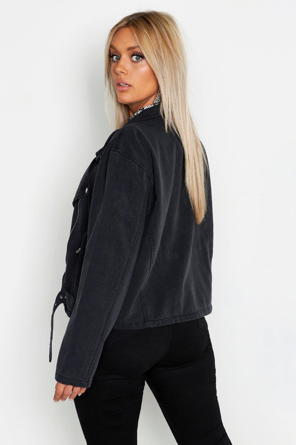Cazadora estilo motero de tela vaquera negro destenido Plus