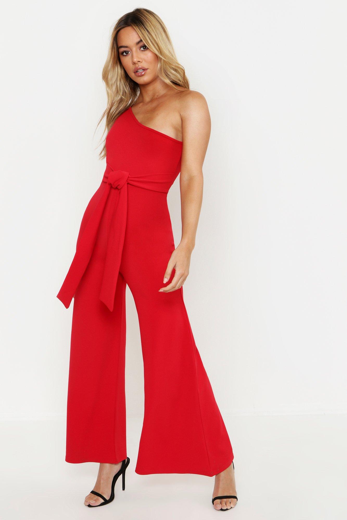 red belted one shoulder jumpsuit