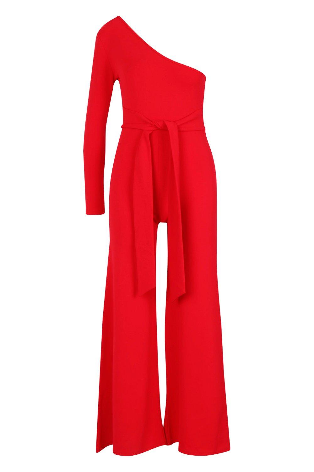 red belted one shoulder jumpsuit