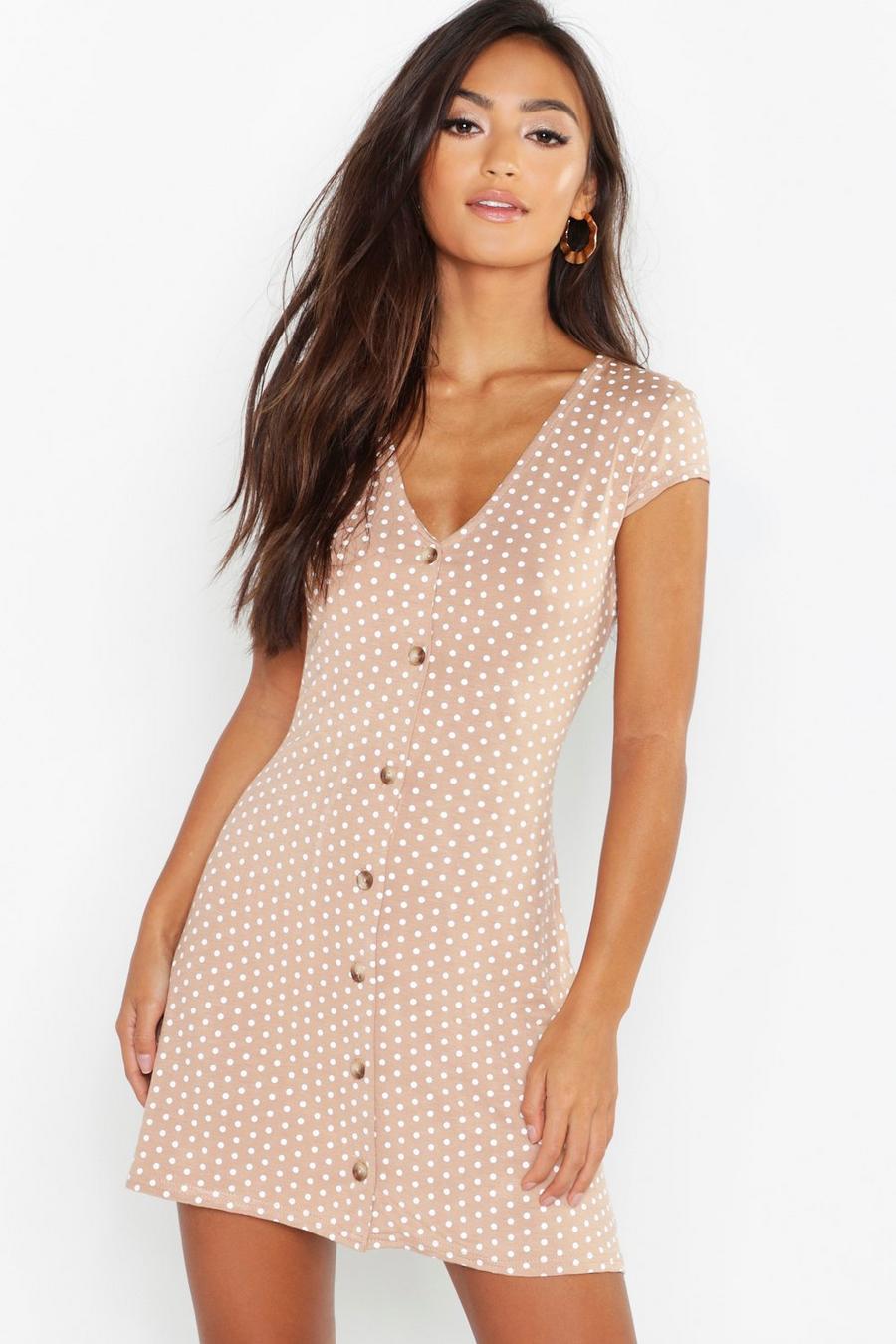 Camel Petite Cap Sleeve Button Polka Dot Shift Dress image number 1